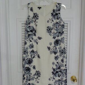 Talbots Ivory White Gray Black Panel Floral Print V Neck Sheath Dress Size 14P
